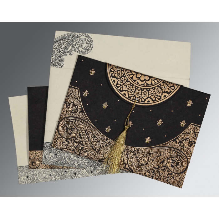 BLACK HANDMADE COTTON EMBOSSED WEDDING CARD : W-8234A - 123WeddingCards