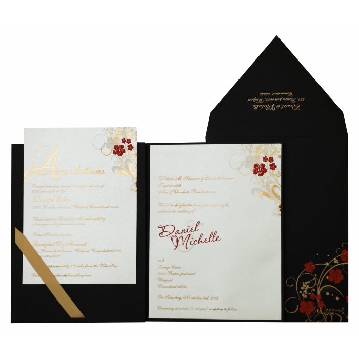 BLACK MATTE FLORAL THEMED - FOIL STAMPED WEDDING INVITATION : W-836 - 123WeddingCards
