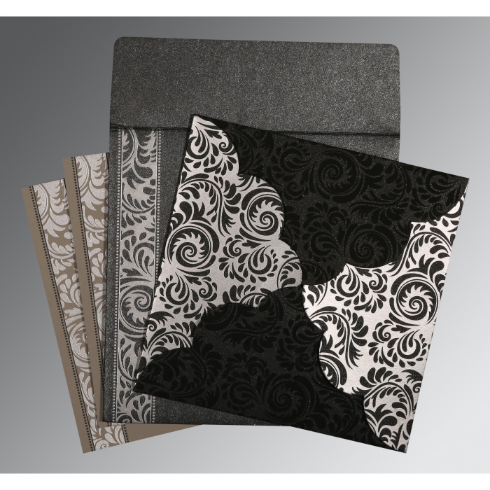 BLACK SHIMMERY FLORAL THEMED - SCREEN PRINTED WEDDING CARD : IN-8235I - 123WeddingCards