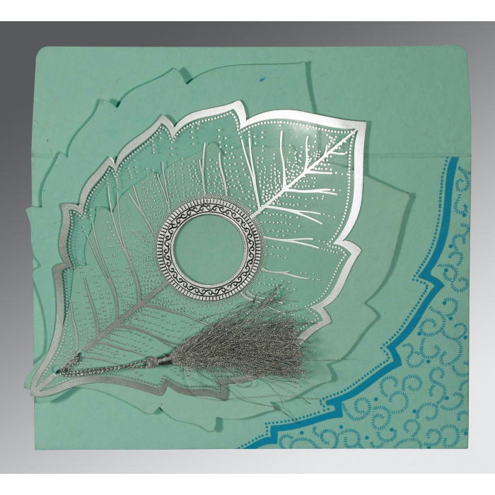 AQUA HANDMADE COTTON FLORAL THEMED - FOIL STAMPED WEDDING CARD : IN-8219C - 123WeddingCards
