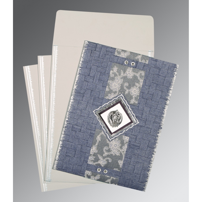 GRAYISH BLUE HANDMADE COTTON SCREEN PRINTED WEDDING CARD : RU-1277 - 123WeddingCards