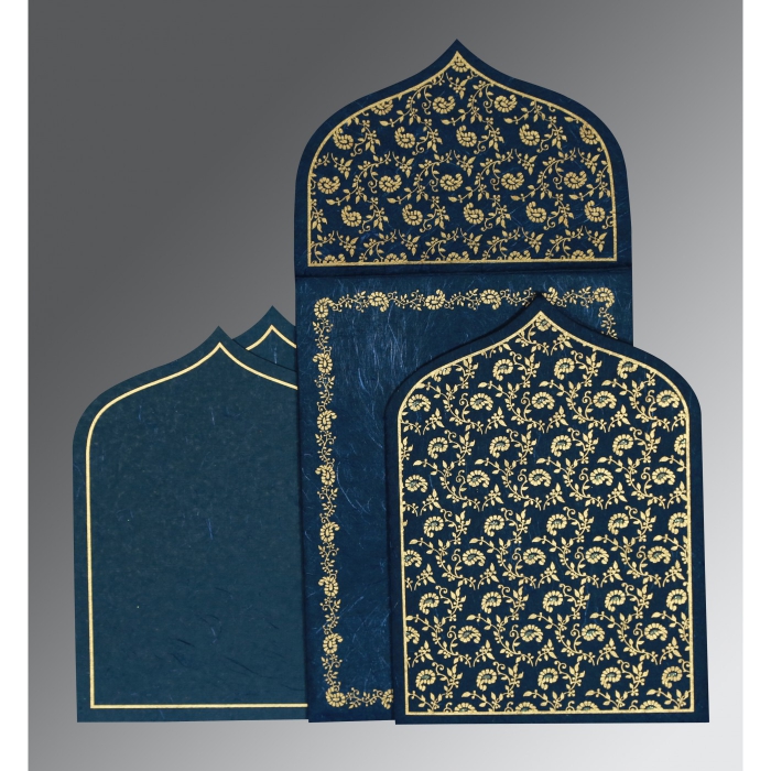 TEAL BLUE HANDMADE SILK GLITTER WEDDING INVITATION : W-8208B - 123WeddingCards