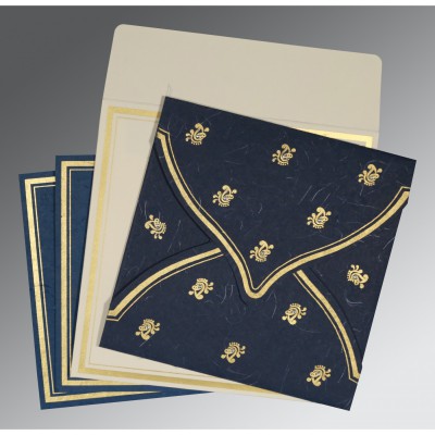 BLUE HANDMADE SILK UNIQUE THEMED - SCREEN PRINTED WEDDING CARD : W-8203B - 123WeddingCards