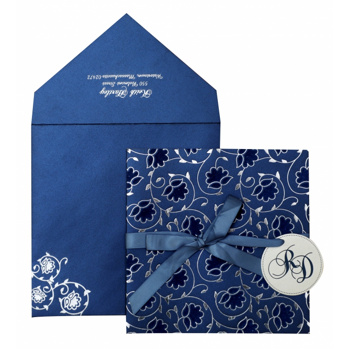 BLUE IVORY SHIMMERY FLORAL THEMED - FOIL STAMPED WEDDING INVITATION : W-839 - 123WeddingCards