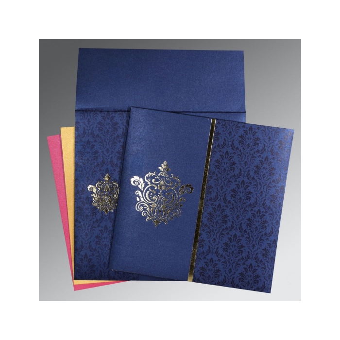 BLUE SHIMMERY DAMASK THEMED - FOIL STAMPED WEDDING CARD : I-1503 - 123WeddingCards