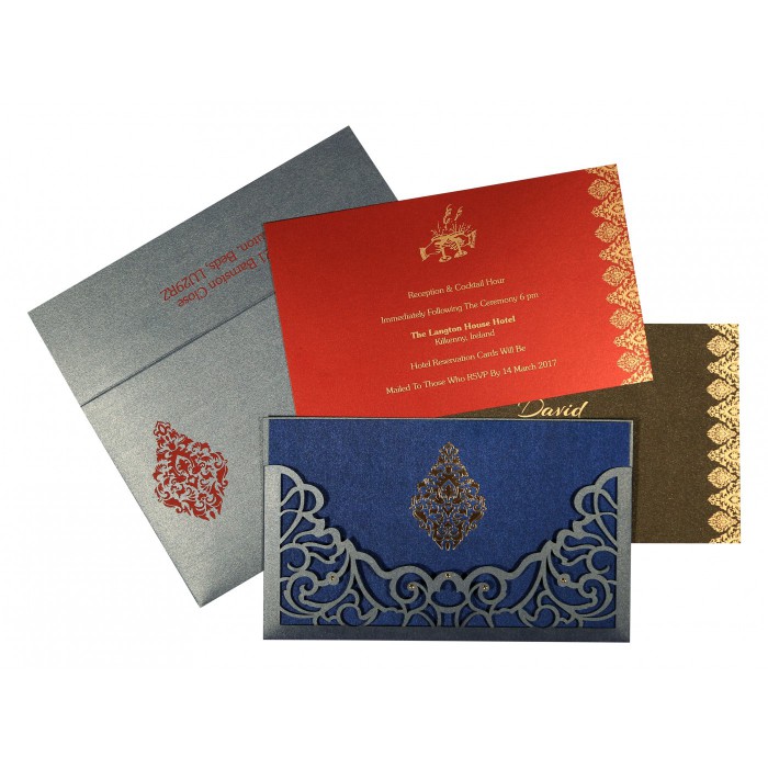 MEDIUM GREY SHIMMERY DAMASK THEMED - LASER CUT WEDDING CARD : IN-8262E - 123WeddingCards