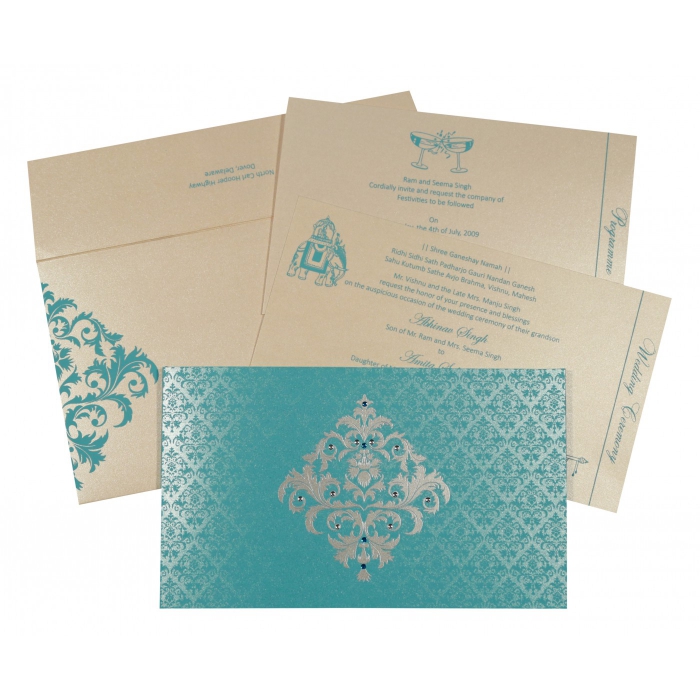 TURQUOISE SHIMMERY DAMASK THEMED - SCREEN PRINTED WEDDING CARD : IN-8257E - 123WeddingCards