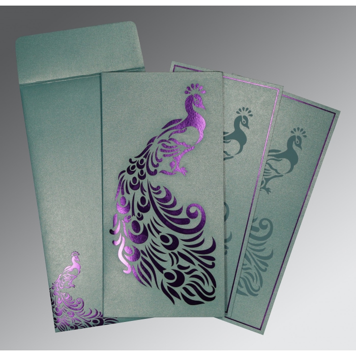 MOON STONE SHIMMERY PEACOCK THEMED - LASER CUT WEDDING INVITATION : IN-8255E - 123WeddingCards