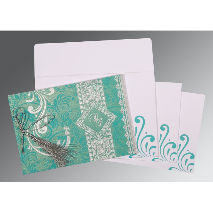 TURQUOISE SHIMMERY SCREEN PRINTED WEDDING CARD : IN-8223H - 123WeddingCards