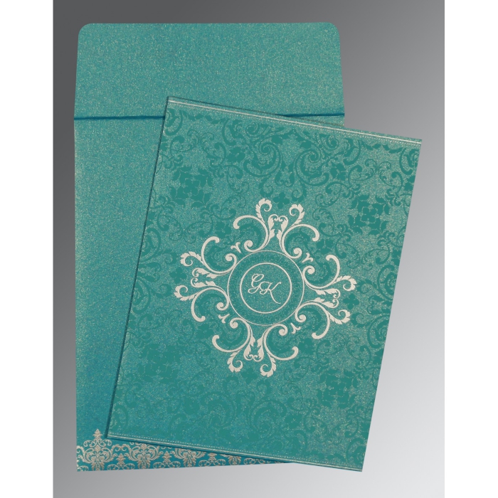 TEAL BLUE SHIMMERY SCREEN PRINTED WEDDING CARD : IN-8244C - 123WeddingCards