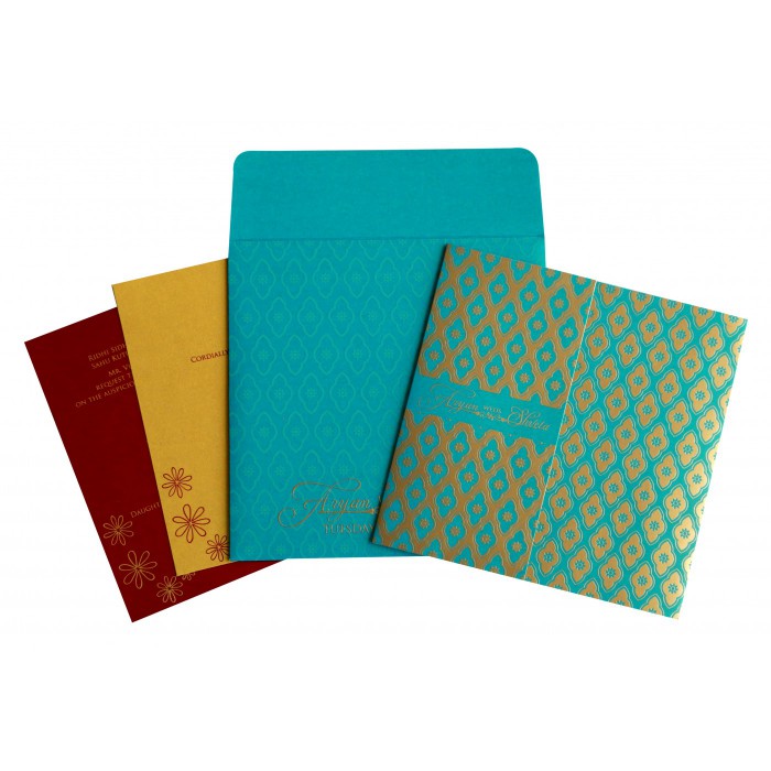 STRONG CYAN SHIMMERY SCREEN PRINTED WEDDING INVITATION : IN-8263B - 123WeddingCards