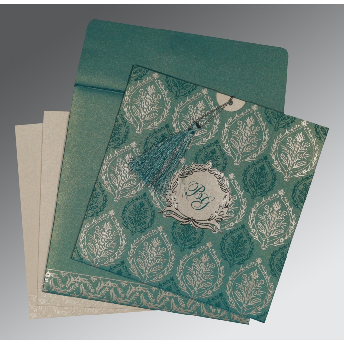 TEAL BLUE SHIMMERY UNIQUE THEMED - FOIL STAMPED WEDDING CARD : IN-8249D - 123WeddingCards