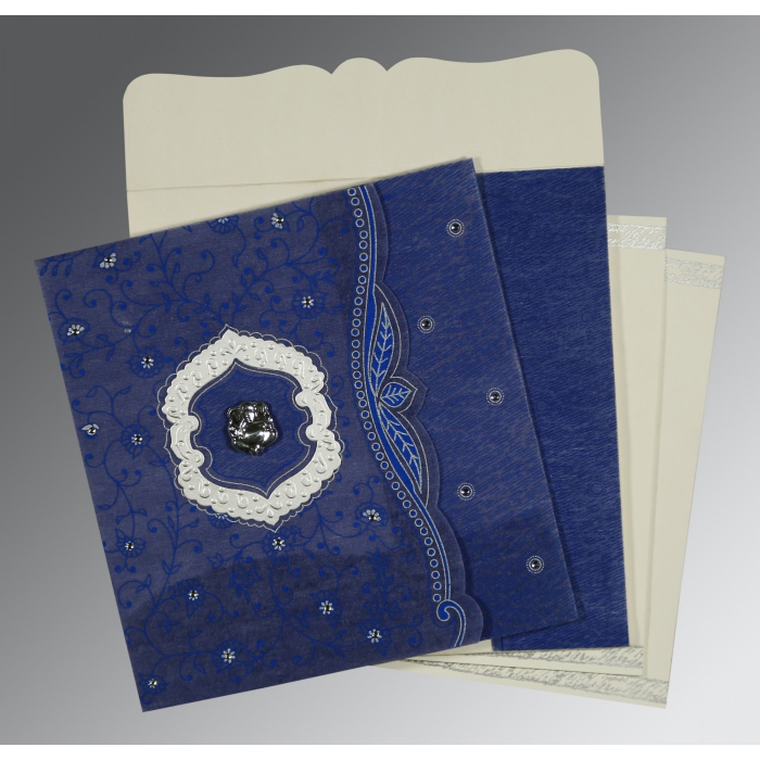 COBALT BLUE SHIMMERY FLORAL THEMED - EMBOSSED WEDDING CARD : IN-8209J - 123WeddingCards