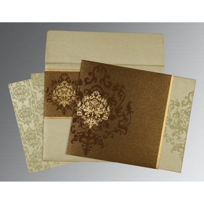 BROWN IVORY SHIMMERY DAMASK THEMED - SCREEN PRINTED WEDDING CARD : IN-8253A - 123WeddingCards