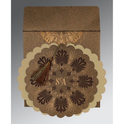 BROWN SHIMMERY UNIQUE THEMED - EMBOSSED WEDDING CARD : IN-8238G - 123WeddingCards