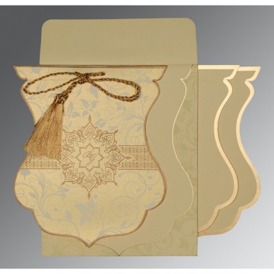 CREAM SHIMMERY UNIQUE THEMED - SCREEN PRINTED WEDDING CARD : W-8229A - 123WeddingCards
