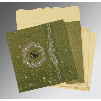 GREEN GOLD SHIMMERY FLORAL THEMED - EMBOSSED WEDDING CARD : IN-8209E - 123WeddingCards