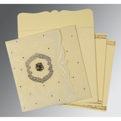 IVORY GOLD SHIMMERY FLORAL THEMED - EMBOSSED WEDDING CARD : IN-8209K - 123WeddingCards