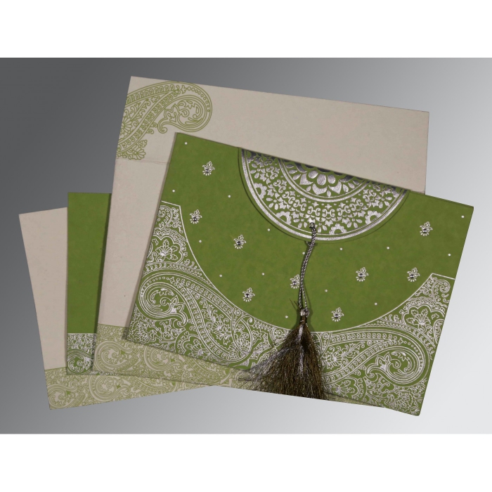 DARK OLIVE GREEN HANDMADE COTTON EMBOSSED WEDDING CARD : IN-8234C - 123WeddingCards