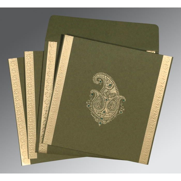DARK OLIVE GREEN MATTE EMBOSSED WEDDING INVITATION : I-8231B - 123WeddingCards