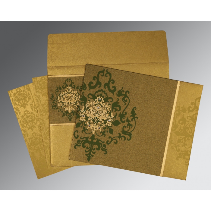 GREEN SHIMMERY DAMASK THEMED - SCREEN PRINTED WEDDING CARD : IN-8253C - 123WeddingCards