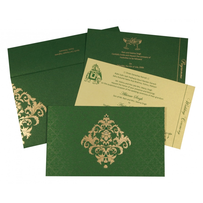 DARK GREEN SHIMMERY DAMASK THEMED - SCREEN PRINTED WEDDING CARD : IN-8257F - 123WeddingCards