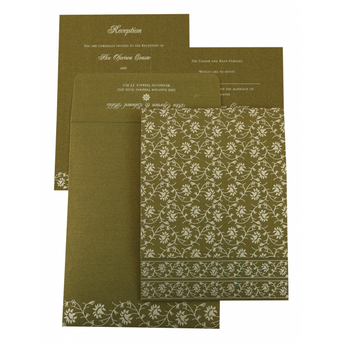 GREEN SHIMMERY FLORAL THEMED - SCREEN PRINTED WEDDING INVITATION : I-822A - 123WeddingCards