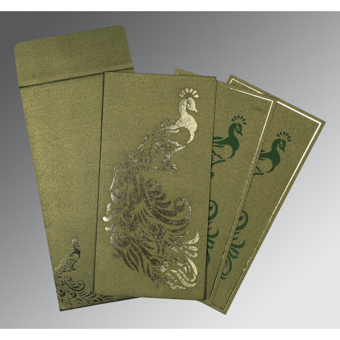 GREEN SHIMMERY PEACOCK THEMED - LASER CUT WEDDING INVITATION : IN-8255D - 123WeddingCards