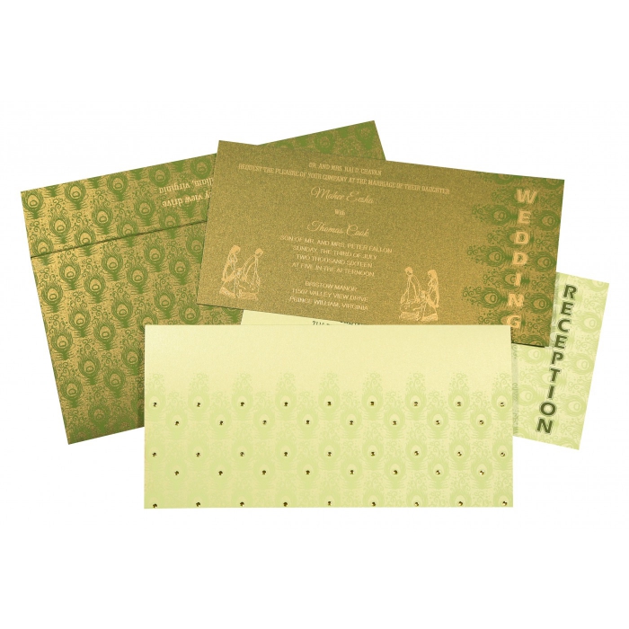 PALE YELLOW SHIMMERY PEACOCK THEMED - SCREEN PRINTED WEDDING INVITATION : IN-8256F - 123WeddingCards