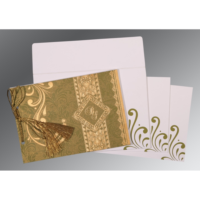 OLIVE GREEN SHIMMERY SCREEN PRINTED WEDDING CARD : IN-8223I - 123WeddingCards