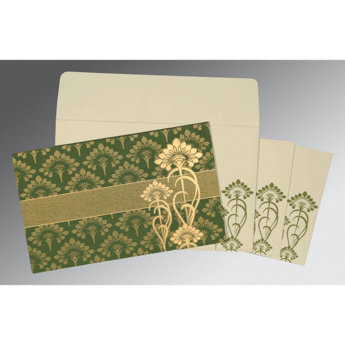 OLIVE GREEN SHIMMERY SCREEN PRINTED WEDDING CARD : IN-8239F - 123WeddingCards