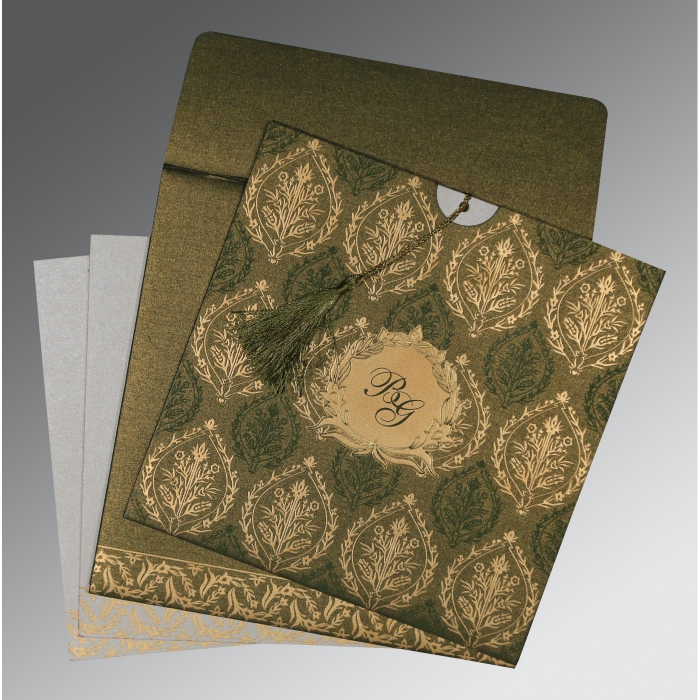 GREEN SHIMMERY UNIQUE THEMED - FOIL STAMPED WEDDING CARD : IN-8249E - 123WeddingCards