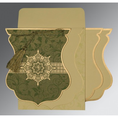 GREEN SHIMMERY UNIQUE THEMED - SCREEN PRINTED WEDDING CARD : IN-8229P - 123WeddingCards