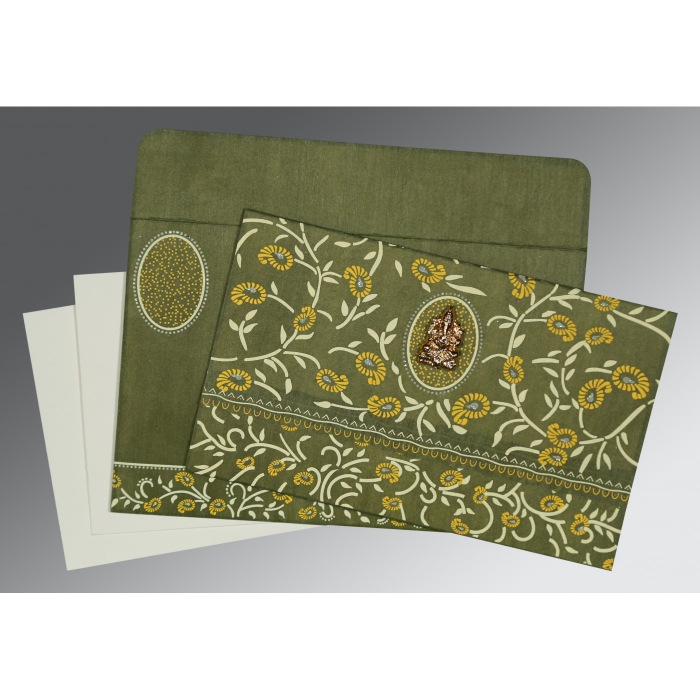 DEEP SAGE WOOLY FLORAL THEMED - GLITTER WEDDING CARD : IN-8206D - 123WeddingCards