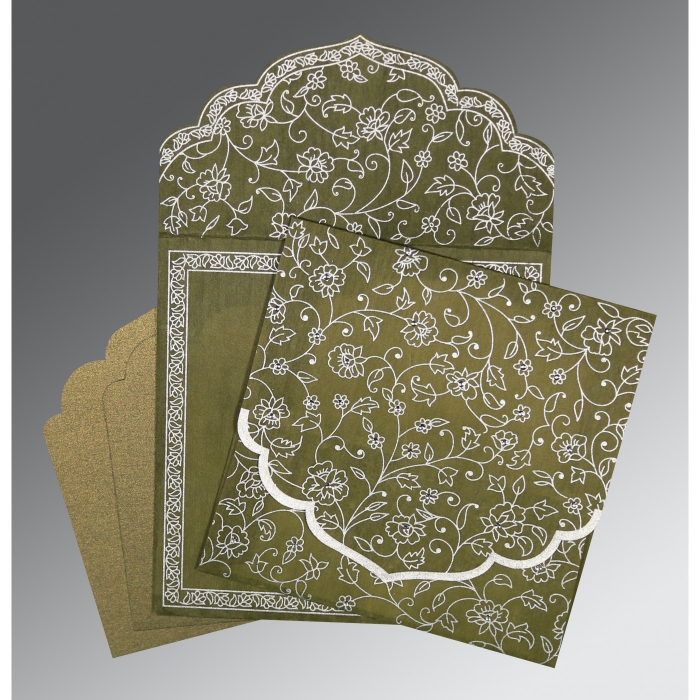 OLIVE GREEN WOOLY FLORAL THEMED - SCREEN PRINTED WEDDING INVITATION : IN-8211M - 123WeddingCards