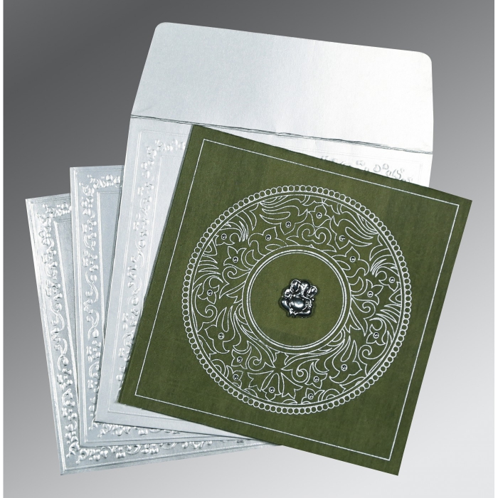 DARK GREEN WOOLY SCREEN PRINTED WEDDING CARD : IN-8214L - 123WeddingCards