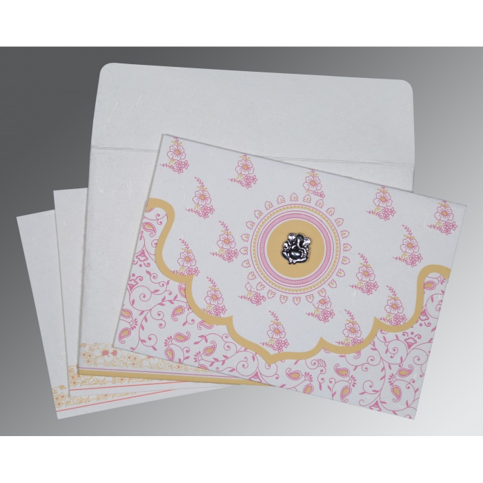 OFF-WHITE HANDMADE SILK SCREEN PRINTED WEDDING INVITATION : IN-8207I - 123WeddingCards