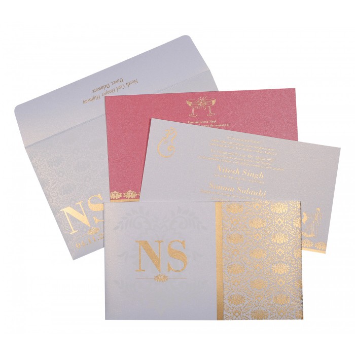 OFF-WHITE SHIMMERY DAMASK THEMED - SCREEN PRINTED WEDDING INVITATION : IN-8261F - 123WeddingCards