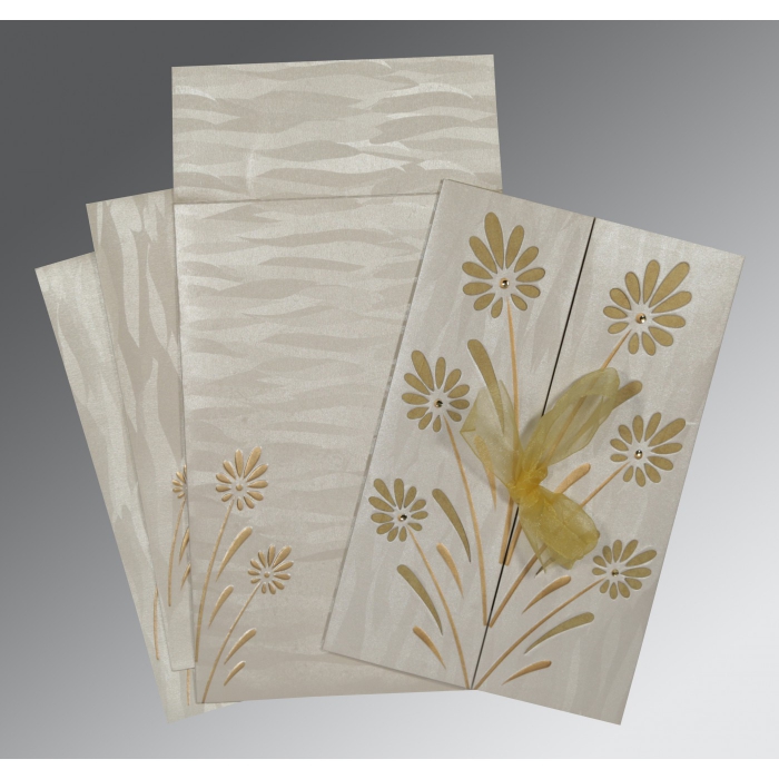 METALLIC SILVER SHIMMERY FLORAL THEMED - EMBOSSED WEDDING CARD : C-1372 - 123WeddingCards