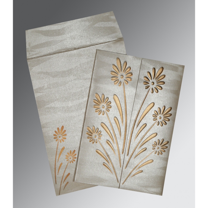 METALLIC GREY SHIMMERY FLORAL THEMED - EMBOSSED WEDDING CARD : IN-1378 - 123WeddingCards