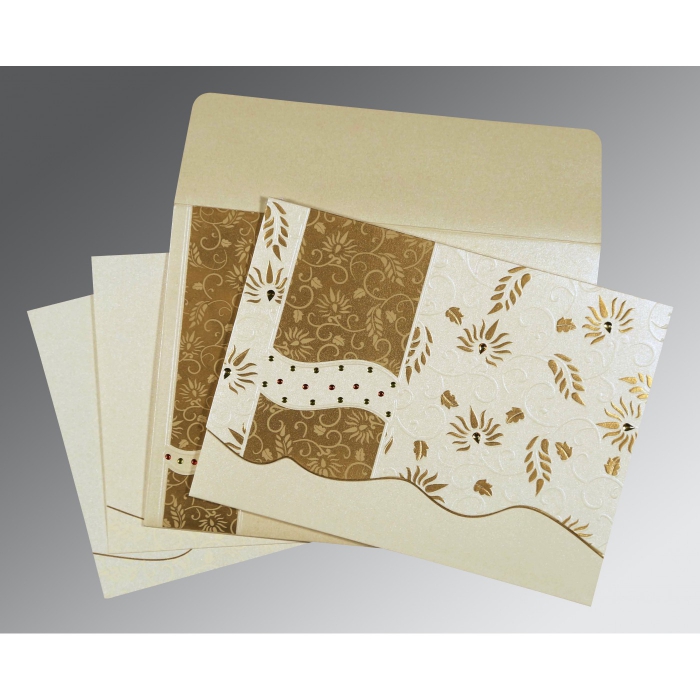 IVORY SHIMMERY FLORAL THEMED - EMBOSSED WEDDING INVITATION : IN-8236B - 123WeddingCards