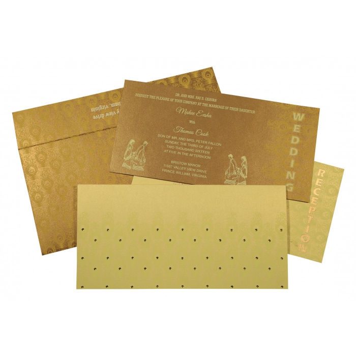 CREAM GOLD SHIMMERY PEACOCK THEMED - SCREEN PRINTED WEDDING INVITATION : D-8256A - 123WeddingCards