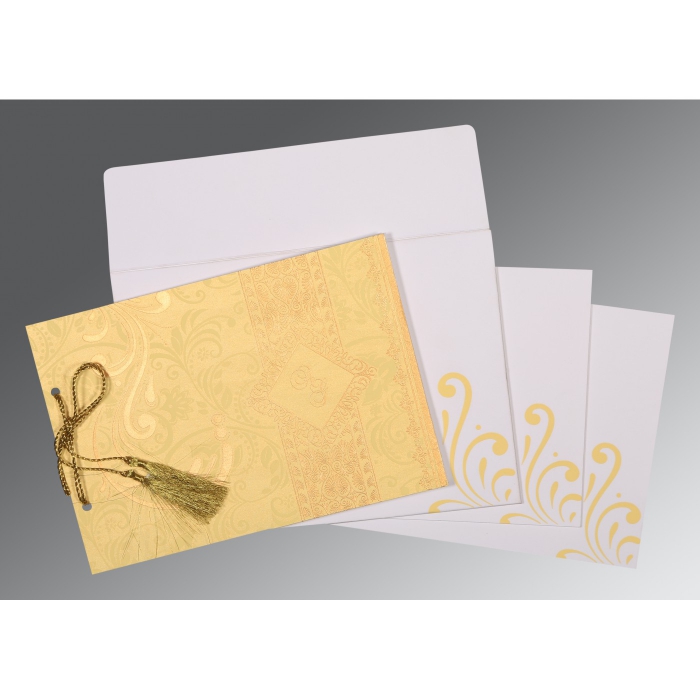 MUSTARD YELLOW SHIMMERY SCREEN PRINTED WEDDING CARD : IN-8223D - 123WeddingCards