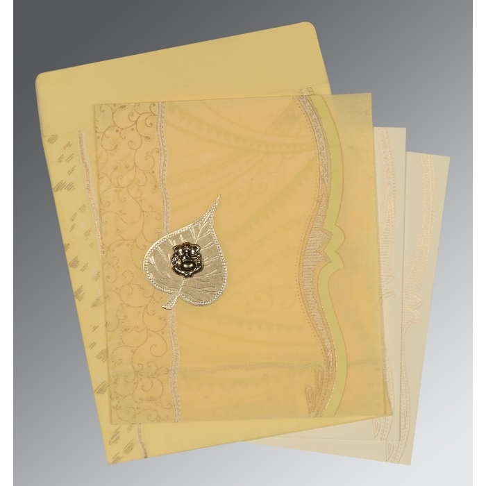 MUSTARD YELLOW SHIMMERY EMBOSSED WEDDING CARD : IN-8210G - 123WeddingCards