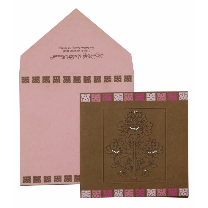 KHAKI HANDMADE COTTON FLORAL THEMED - EMBOSSED WEDDING INVITATION : S-832 - 123WeddingCards