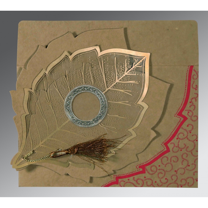 LIGHT BROWN HANDMADE COTTON FLORAL THEMED - FOIL STAMPED WEDDING CARD : IN-8219Q - 123WeddingCards