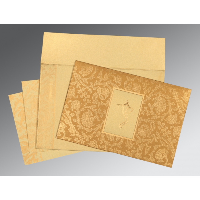 YELLOW GOLD SHIMMERY POCKET THEMED - EMBOSSED WEDDING INVITATION : IN-1434 - 123WeddingCards