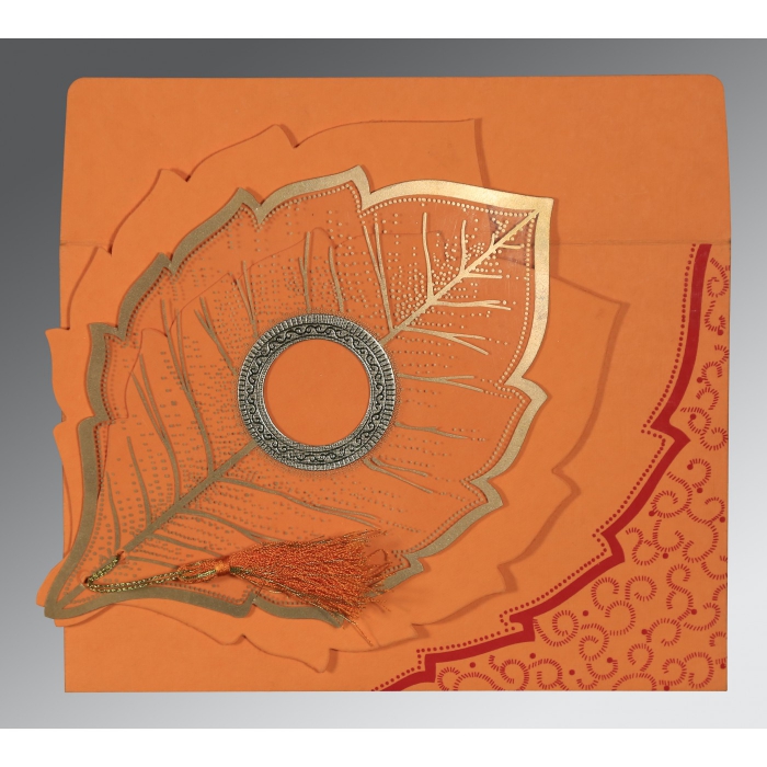 ORANGE HANDMADE COTTON FLORAL THEMED - FOIL STAMPED WEDDING CARD : IN-8219B - 123WeddingCards