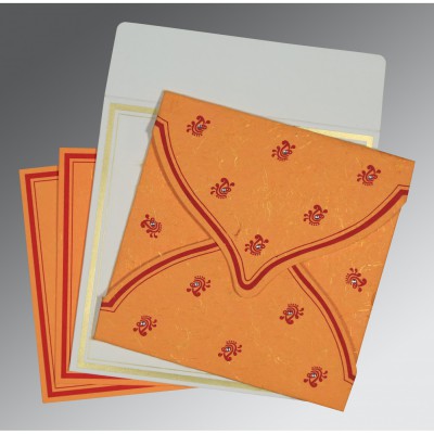 ORANGE HANDMADE SILK UNIQUE THEMED - SCREEN PRINTED WEDDING CARD : IN-8203J - 123WeddingCards