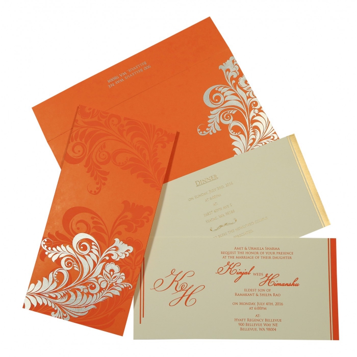 VIVID ORANGE MATTE FLORAL THEMED - SCREEN PRINTED WEDDING CARD : IN-8259D - 123WeddingCards